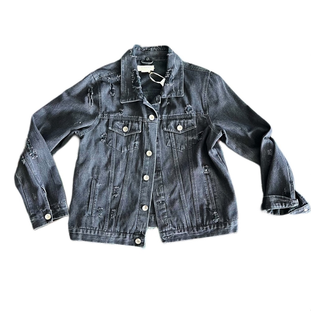 Custom Sequin Jean Jacket, Black With Fringe - image 3
